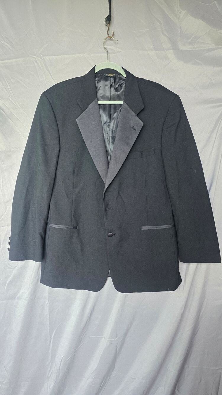 Perry Ellis Evening Suit Jacket Mens Large Black Tuxedo Satin 2 Button *flaw